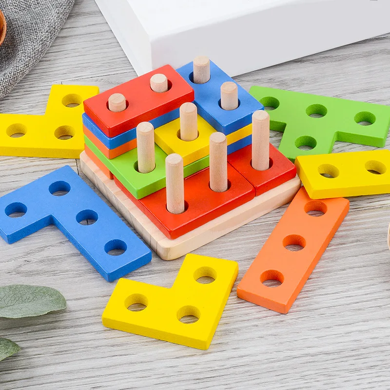 

Educational Tetris Block Game Baby Wooden Toys Geometric Shape Blocks on Nesting Pillars Stacking Toy Wood Natural Children Gift