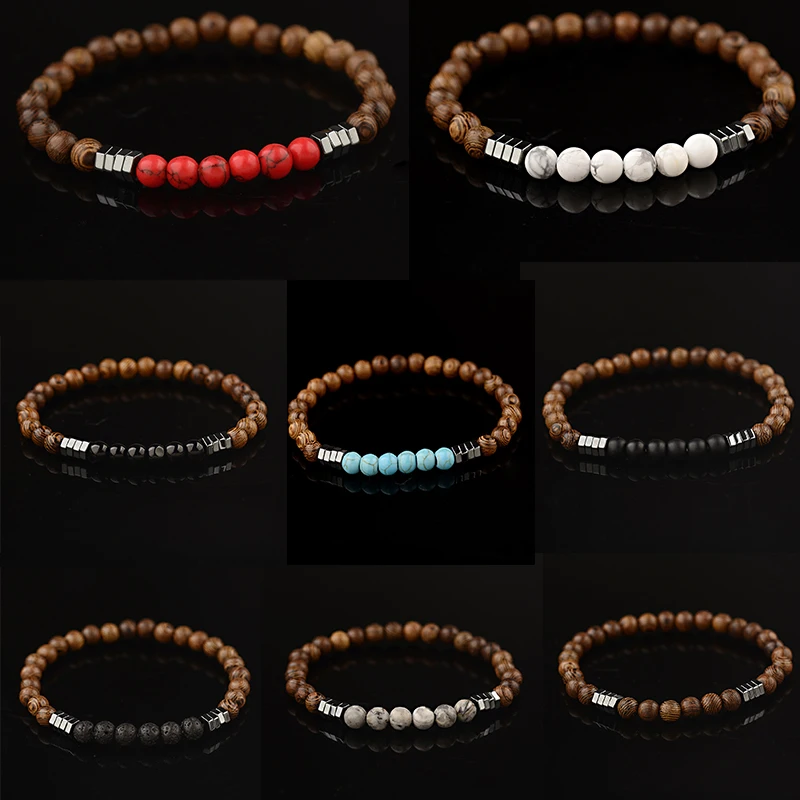 OIQUEI Модные мужские женские деревянные браслеты Подвески гематит 6 мм натуральный