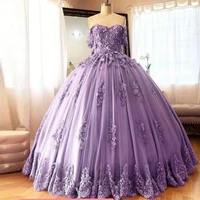 2021 pink purple prom quinceanera dress ball gowns 3d flower lace applique off the shoulder lace up sweet 15 party gowns