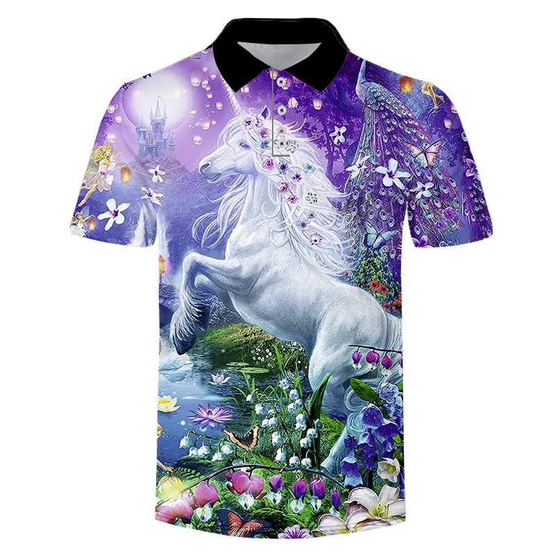 

Casual Polo Shirts Dream Talking Purple Horse 3D Print Digital Printing Fashion Male Polo Shirt Man Short Sleeve Slim Slim Polos