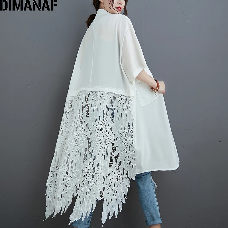 DIMANAF Summer Blouse Shirts Women Clothing Lace Floral Spliced Solid Elegant Lady Tops Tunic Casual Loose Long Button Cardigan