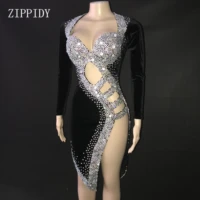 sexy silver stones black latin dance dress outfit stage wear sparkly rhinestones costume birthday prom show stretch dress