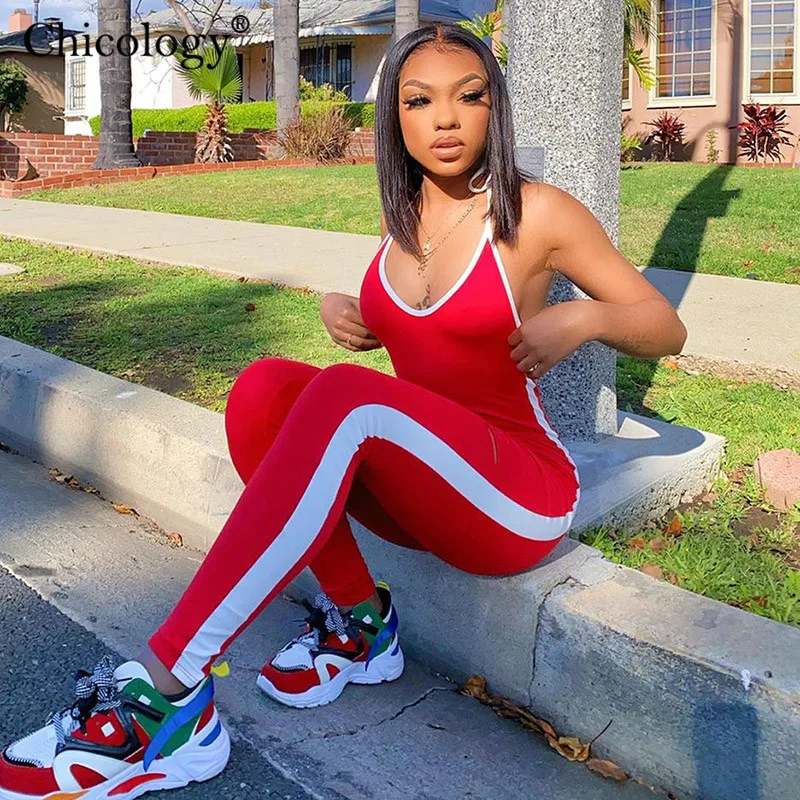 Chicology halter backless side stripe fashion jumpsuit neon sleeveless sportswear women 2020 summer streetwear lady sexy outfits | Женская