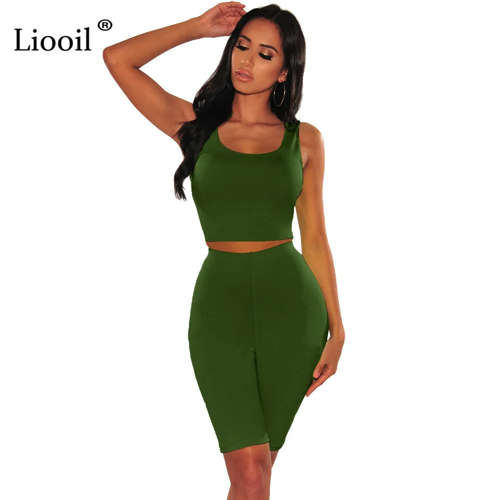 Liooil неоновый зеленый облегающий комплект из 2 предметов, женские обтягивающие наряды, спортивные костюмы, сексуальный топ на бретелях и байкерские шорты, летний комплект для активного отдыха - Цвет: Армейский зеленый