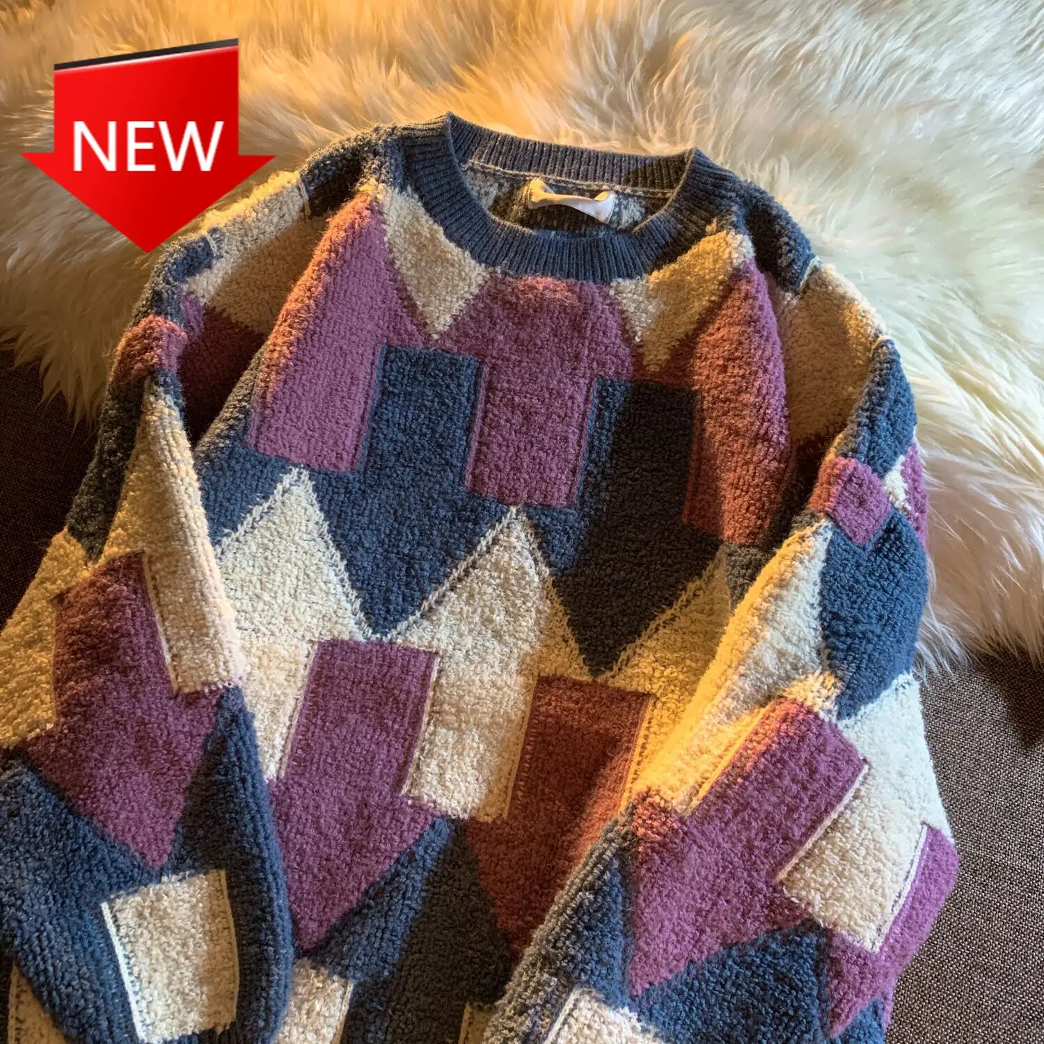 

matching arrow jacquard sweater loose couple casual lazy wind sweater Autumn i Tide brand hip-hop color