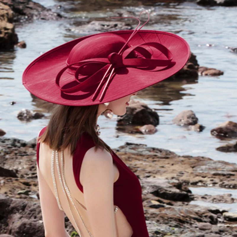 Wine Red Hat FS вуалетки с большими полями Кентукки Дерби шляпа Королевские Свадебные шляпы элегантные женские платья для церкви Леди Черный Красный Чай Вечерние Fedora - Цвет: Wine Red Hat