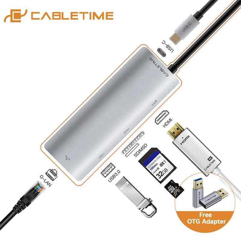 Кабель USB HUB Type c к HDMI концентратор TF SD карта USB3.0 4K RJ45 сетевой зарядный адаптер для