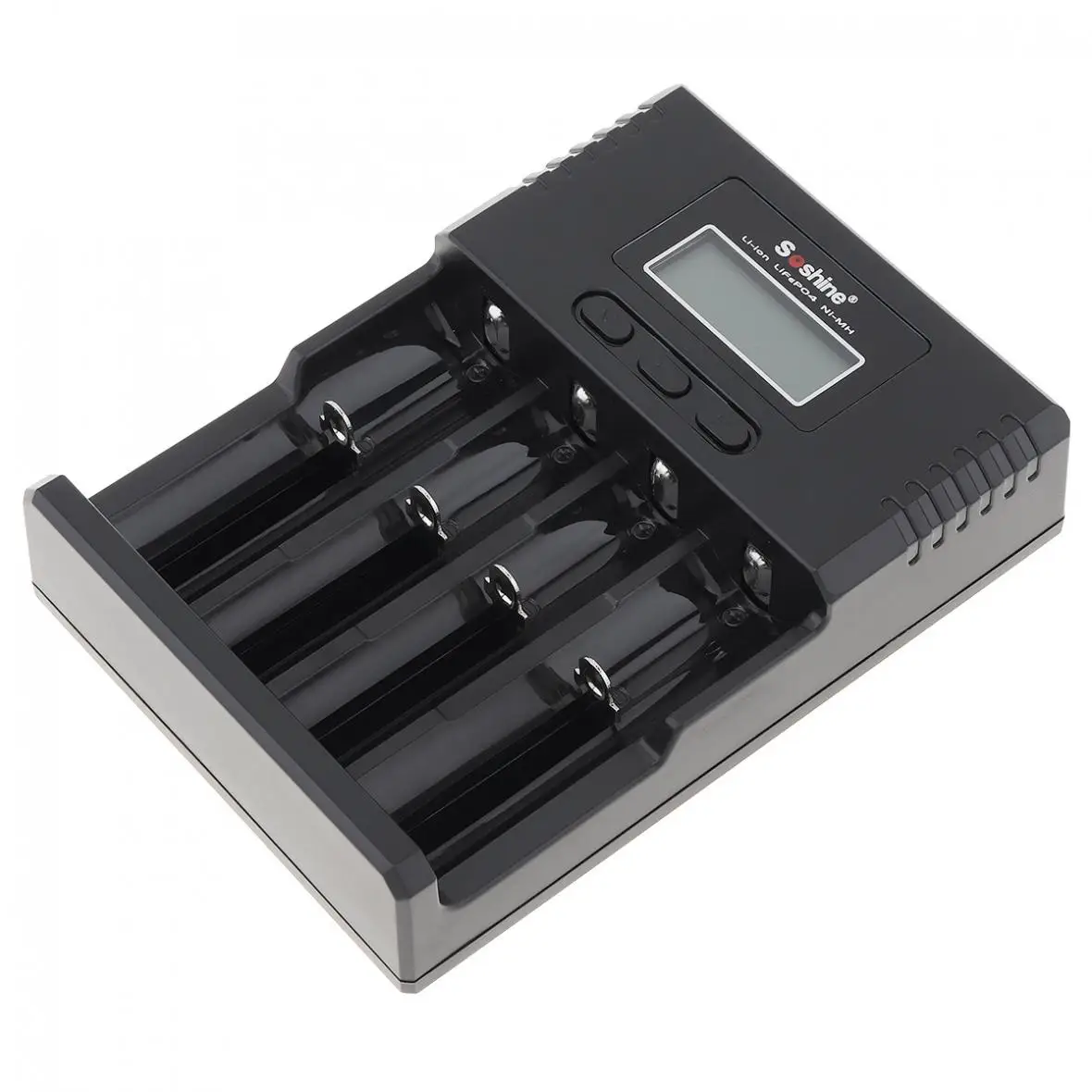 

Soshine 4-Slot LCD digital Intelligent Charger for Li-ion Ni-Mh LiFePO4 18650 14500 AA AAA Battery +EU/US Adapter + Car Charger
