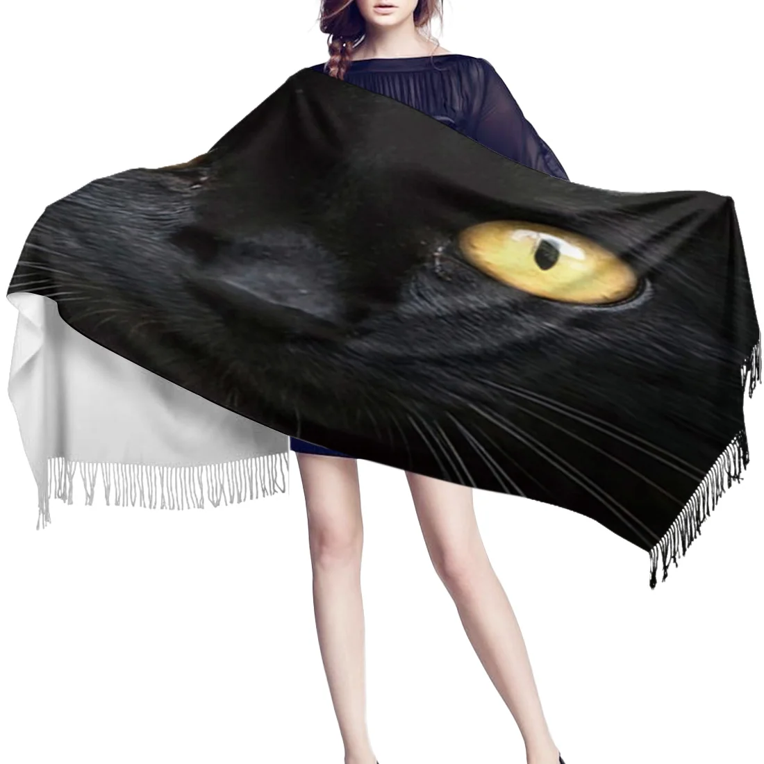 Женский мягкий кашемировый шарф тонкий длинный с кисточками и желтыми глазами