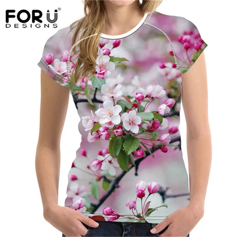 FORUDESIGNS/для женщин 3D Футболка цветочный принт топы с короткими рукавами Повседневная рубашка для дам эластичный тонкий мягкий бодибилдинг одежда