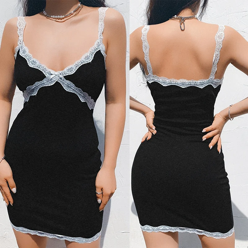 

Lace Patchwork Mini Dress for Women Backless Spaghetti Strap Sexy Dress Fashion V-Neck Vintage Bodycon Dress