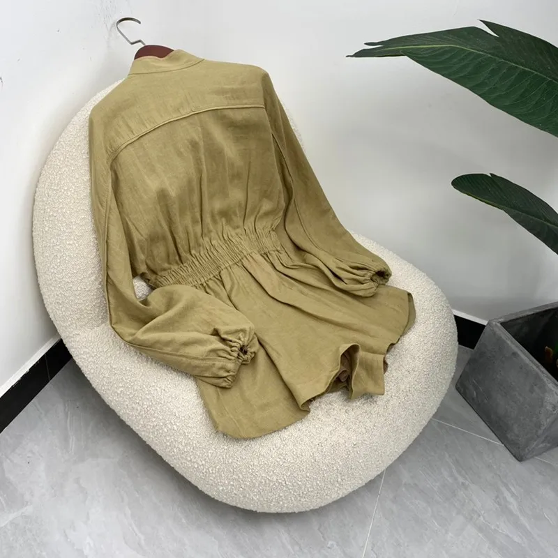 

2021 New Summer Women Fashion Solid A-line Short Sleeve Single Breasted Playsuits With Waist Belt High Quality Linen