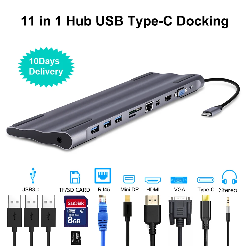 Тип c док-станция алюминий 11 в 1 к HDMI кард-ридер RJ45 PD для зарядного устройства Аудио