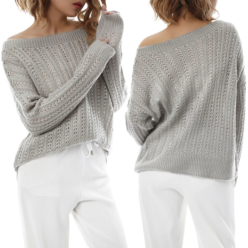 

Kayotuas Women Sweater Long Sleeve Hollow Out Off-the-Shoulder Elegant Casual Spring Autumn Ladies Pullover Female Knitwear