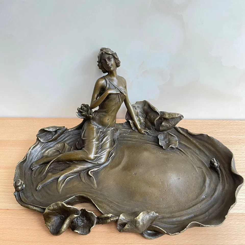 

Bronze Young Woman Bowl Statue Sculpture Modern Figurine Art Home Shelf Decor
