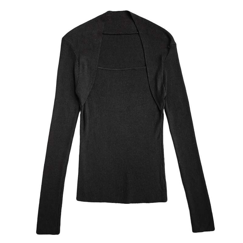 Nude Black Solid Casual Basic Top Square Neck Ribbed Knit Long Sleeve Tee Autumn Party Modern Lady Women Tshirt And B-104 | Женская