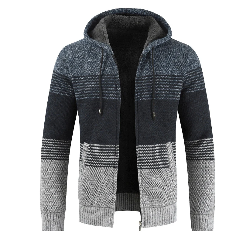 

Men's Winter Warm Sweatercoat Fleece Jacket Casual Knitted Cardigan Thick Hooded Jacket Autumn Patchwork Stripe Jumpers Sweater