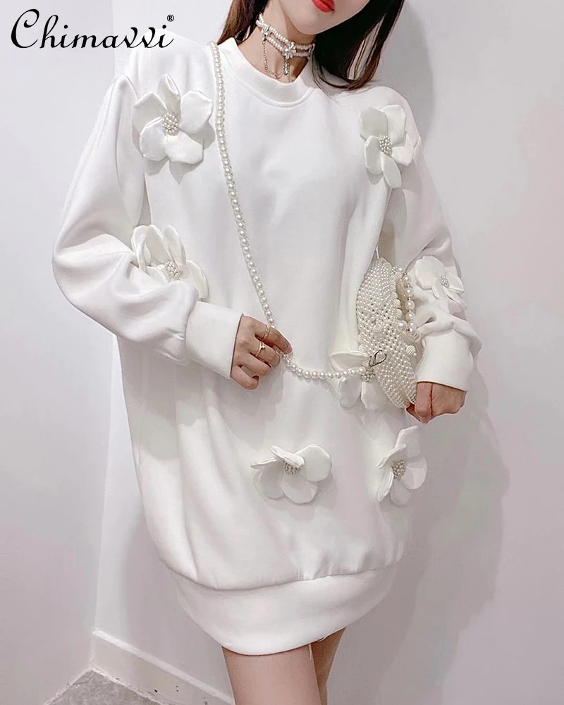 

Белые Повседневные свитшоты с бусинами и цветами, Женский Осенний Свободный пуловер с длинным рукавом, женская модель оверсайз