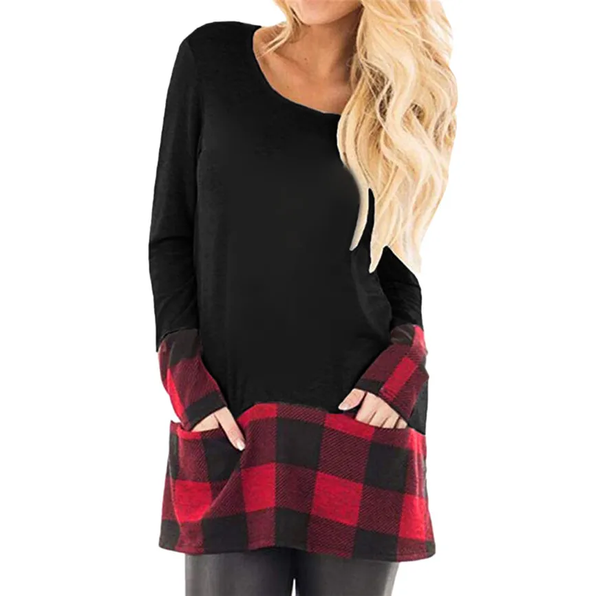 Модные женские блузки 2019 Осенняя женская одежда топы клетчатые с кромкой Круглый