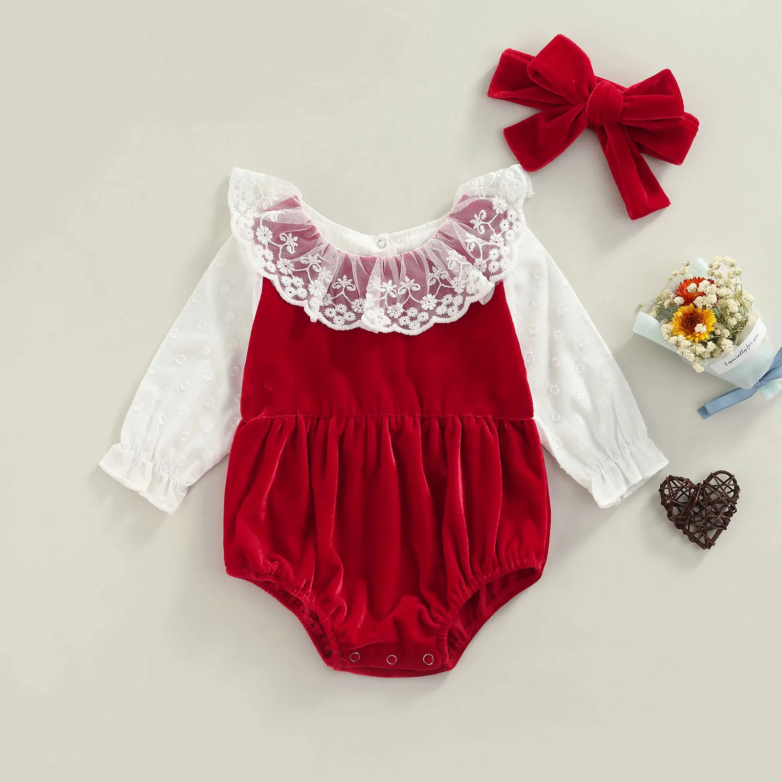 

2Pcs Baby Clothing Newborn Romper Lace Stitched Long Sleeve Bodysuit Headdress Toddler Girls Spring Autumn Cotton Jumpsuit 0-24M