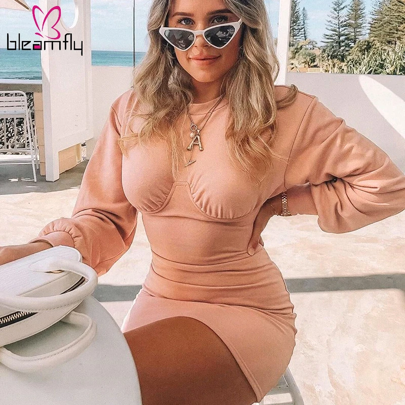 Новое Осеннее женское платье с О образным вырезом длинным рукавом Мини миди