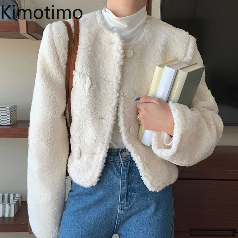 

Короткое пальто Kimotimo из овечьей шерсти, Женский французский темпераментный кардиган с круглым вырезом, Осень-зима 2021, Толстая теплая Элеган...