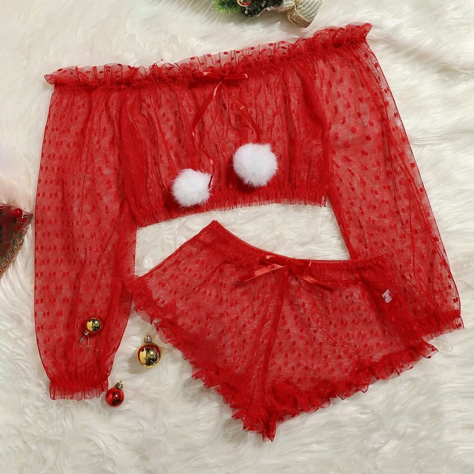 

Эротический сексуальный кружевной топ на одно плечо с вышивкой, длинные рукава, бант + стринги, нижнее белье для женщин, удобное женское бель...