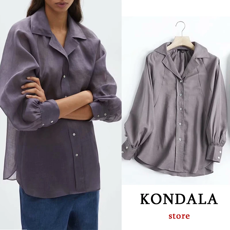 

KONDALA Za Office Lady 100% Hemp Shirts Women Oversized Long Casual Shirts Female Casual Loose Chic Mujer Tops