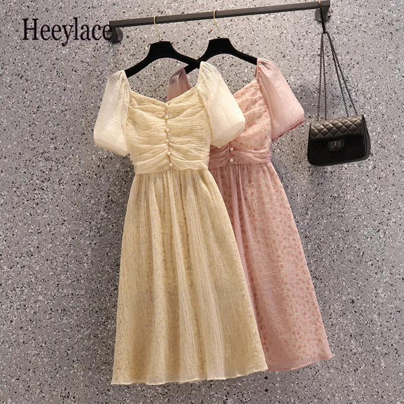 

French Vintage Chiffon Dress Puff Sleeve Square Collar Fairy Mesh Dresses Korean Casual High Waist A-line Long Dress