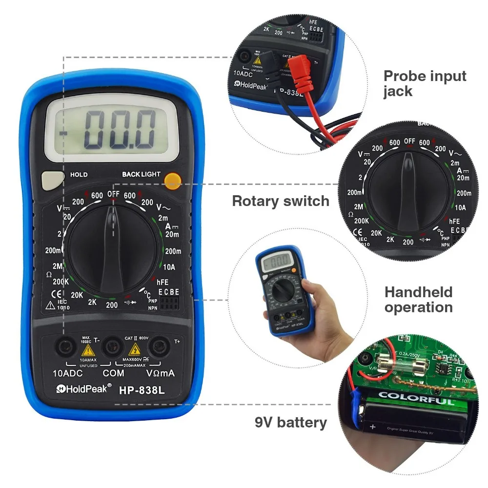 

Handheld Digital Multimeter HP-838L LCD Backlight Portable AC/DC Ammeter Voltmeter Diode hFE Ohm Voltage Tester Meter Multimetro