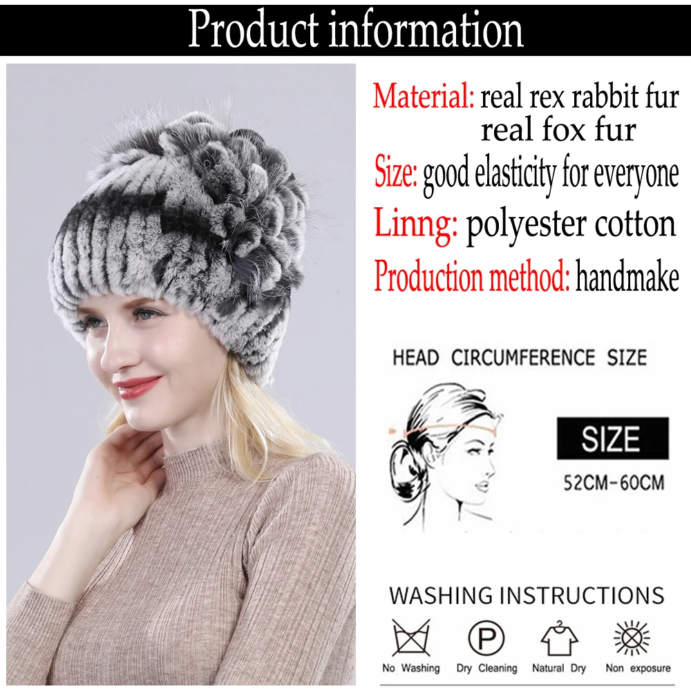 Брендовые женские шапки из меха кролика Рекс, зимние шапки из меха кролика Рекс, вязаные шапки в полоску с цветком из лисьего меха