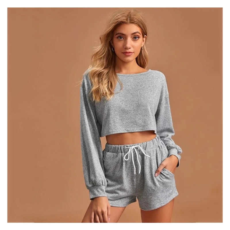 

Hoodie Shorts Sets Casual Tops Women 2021 Long Sleeve Crop Top Solid Cropped Workout Tracksuit Two Piece Set Short Femme Suits
