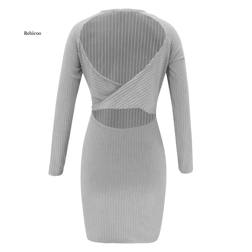 

2021 New Winter Warm Knitted Dress Women Sexy/club Backless Long Sleeve O-Neck Solid Color Party Dress Casual Lady Bodycon Dress