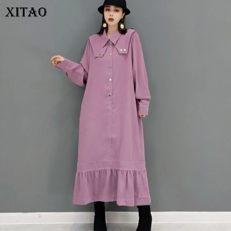 

XITAO, плиссированное платье с подолом, модное, однотонное, богиня, веер, осень 2021, элегантный пуловер, свободное платье с длинным рукавом, топ ...