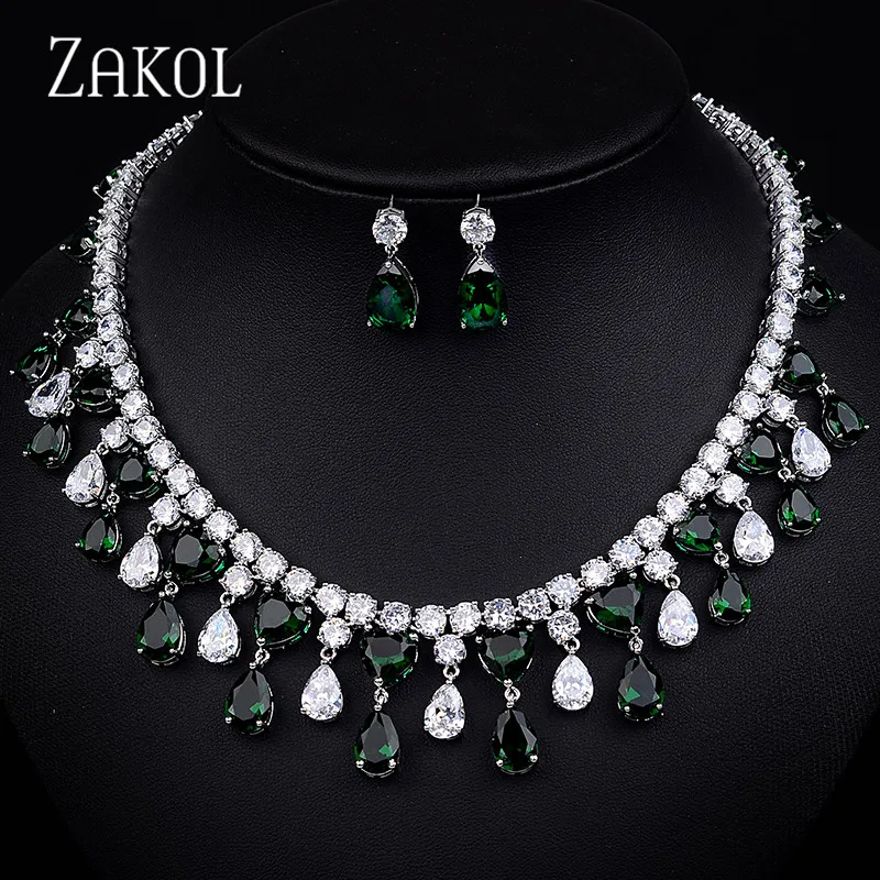 ZAKOL Роскошные висячие серьги из кубического циркония Кулон Ожерелье Набор