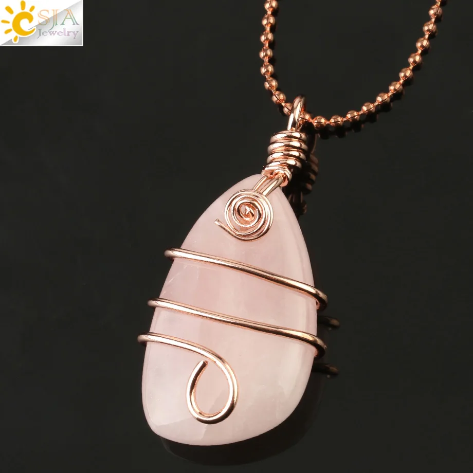 Rose Quartz Chain CSJA натуральный камень медная проволока обертывание кулон неправильная Геометрическая бусина розовое золото цвет ожерелье для женщин мужчин Исцеление ювелирные изделия G196 - Окраска металла: Rose Quartz Chain