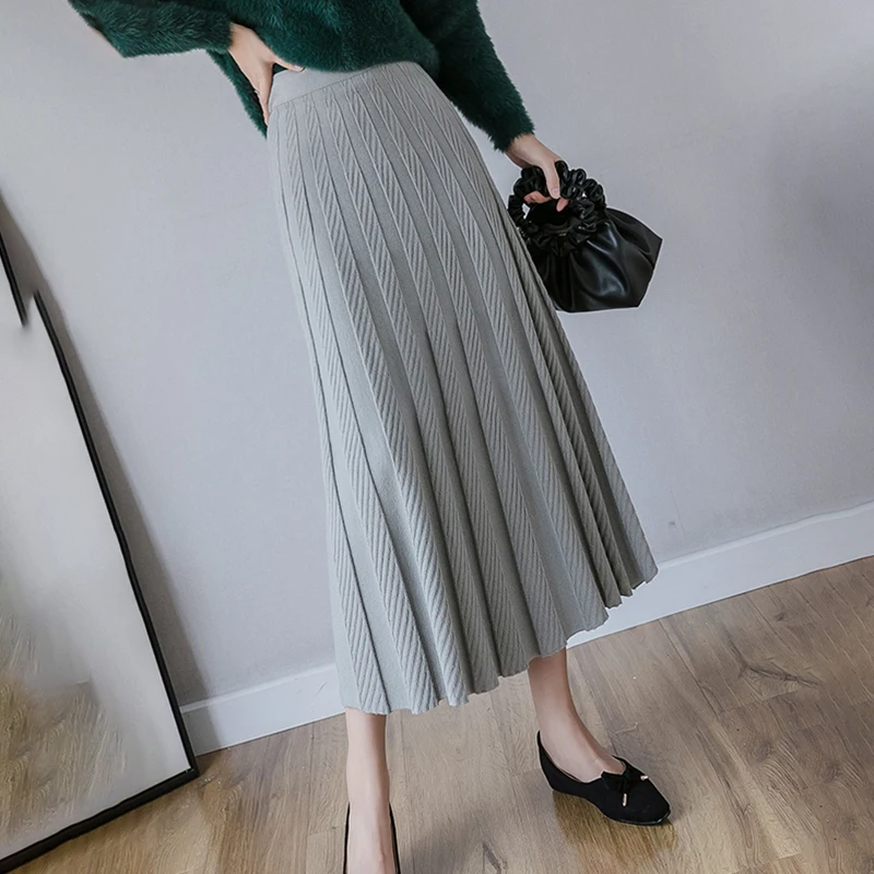 

Knitted Long Midi Skirts Women Solid Autumn Winter Striped Skirts Vintage Harajuku Thicken Warm A-Line Skirt Elastic Waist W205
