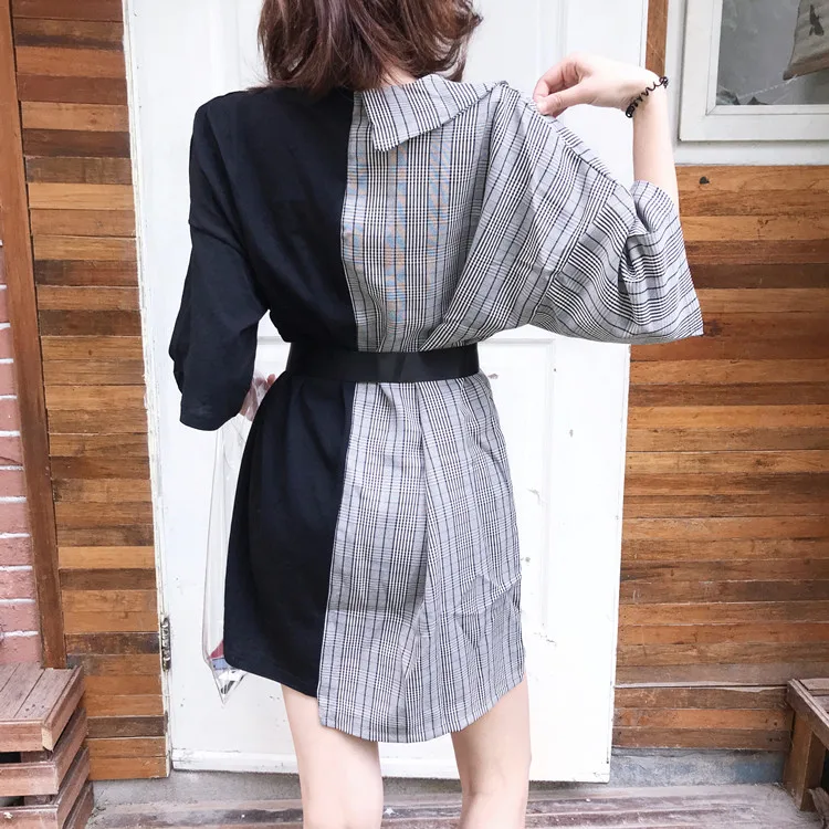 Ins Lattice Stitching Fake Two Piece Letter Dress Women's Clothes Japan Kawaii Retro Female Korean Harajuku Dresses For Women | Женская