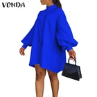 VONDA 2021 женское платье с длинным рукавом, повседневное простое платье-рубашка, весенний сарафан, сексуальное праздничное платье с воротником-стойкой, женское платье