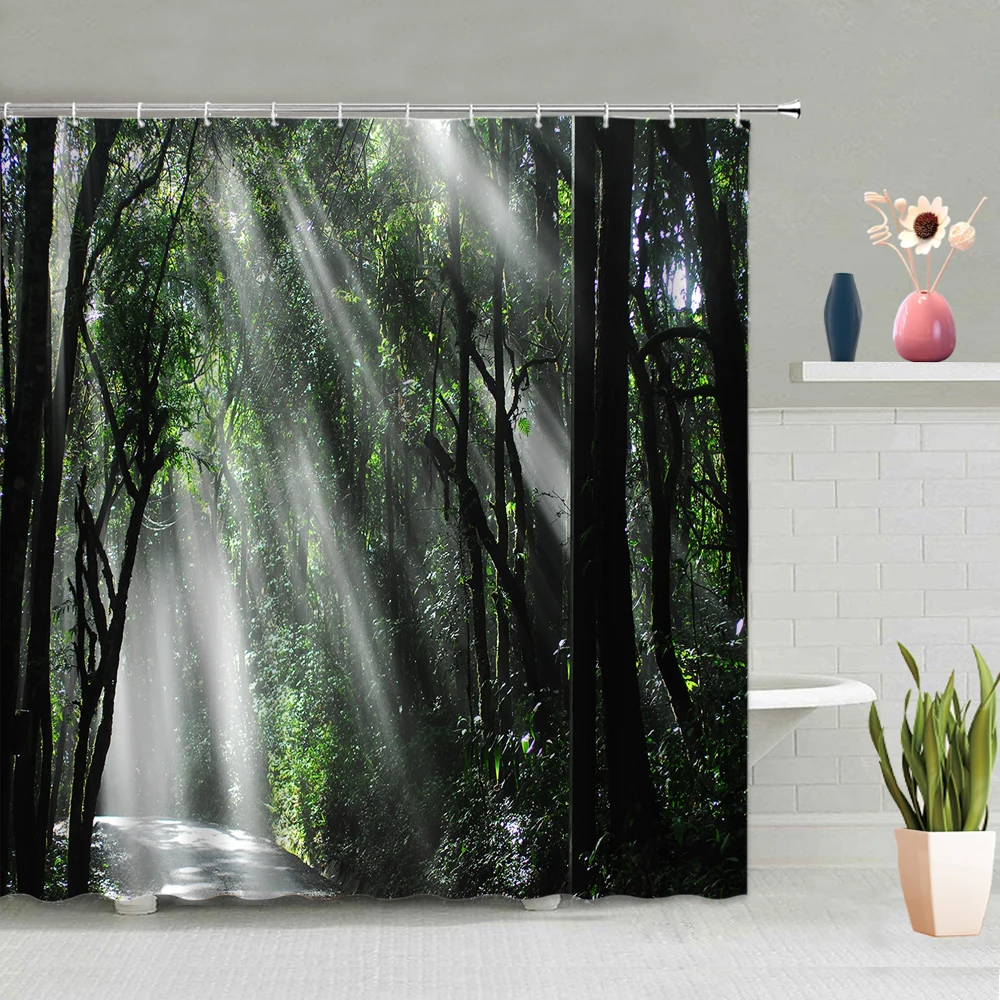 

Bathroom Accessories Trees Forest Path Rivers Chairs Background Pattern Shower Curtain Waterproof Polyester Fabric With Hooks