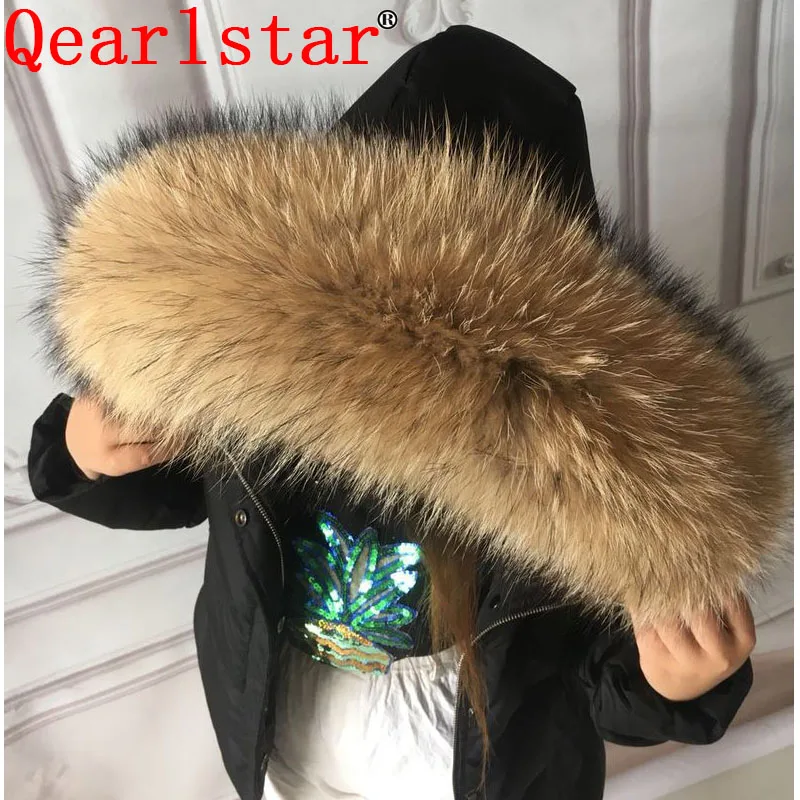 Qearlstar 100% натуральный мех енота воротник супер большой роскошный 75*19 см шарф для