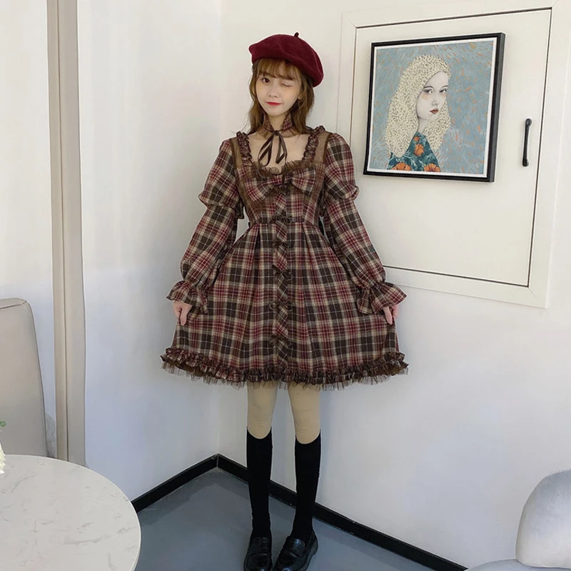 

New Mori Girl Ruffles Dress Japanese Lolita Dress Women Spring Cosplay Costume Retro Plaid Wild Daily Light Lolita Bow Dress