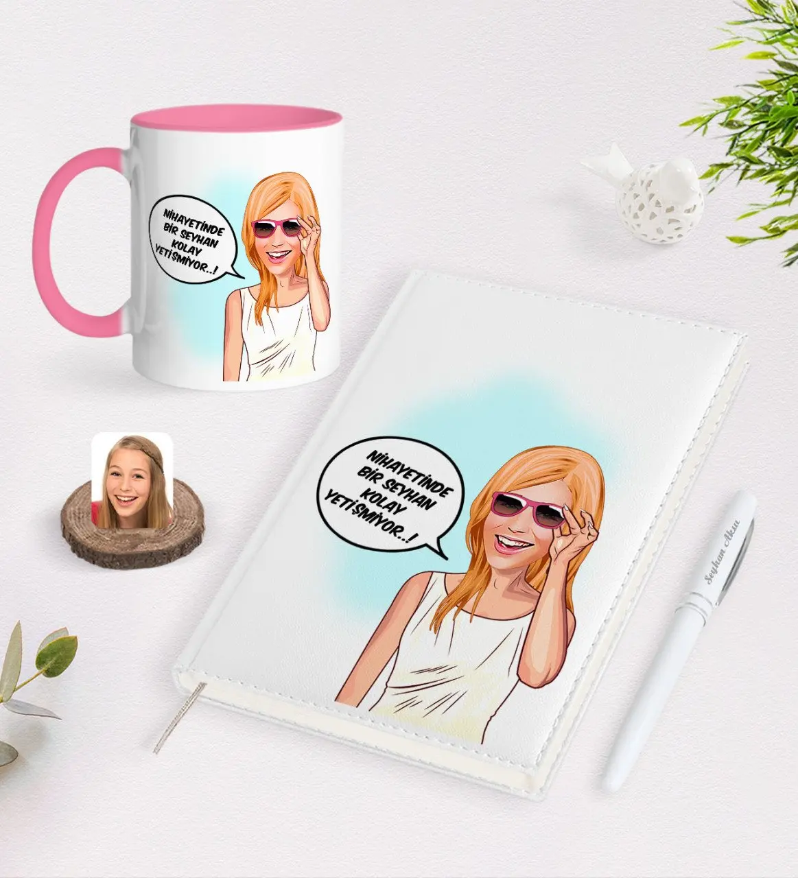 

Персонализированный Женский легкий карикатура 2021 Органайзер ручка и розовая кружка набор-4