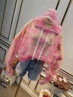 heavy beaded harajuku hoodie streetwear fashion embroidered mesh long sleeved drawstring hoodies women pink tops