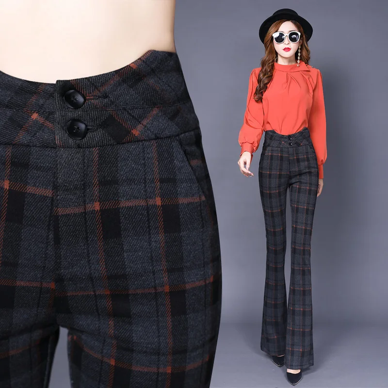 

winter slim high waist Woolen plaid pants Office lady OL Casual pants Women's Wool Flare pants thick plaid pants women trousers
