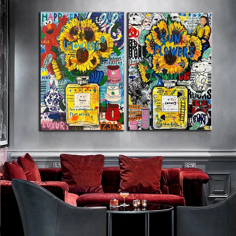 

Graffiti Sunflower Perfume Bottle Luxury Posters And Prints Abstract Street Art Canvas Wall Pop Painting For Living Room Cuadros