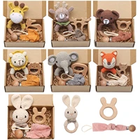 3pc baby crochet bunny animal rattle safe beech wooden teether ring pacifier clip chain set newborn mobile gym educational toy