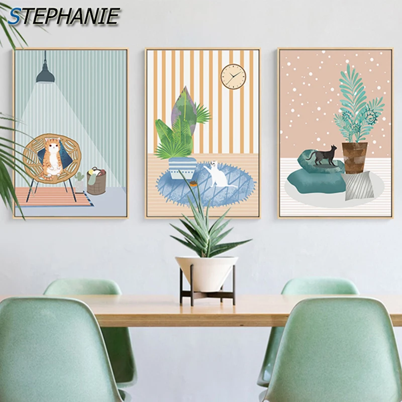 

Nordic Green Tropical Plants Posters N Print Cartoon Orange Cat Wall Art Canvas Painting for Baby Kids Room Decoration Pictures