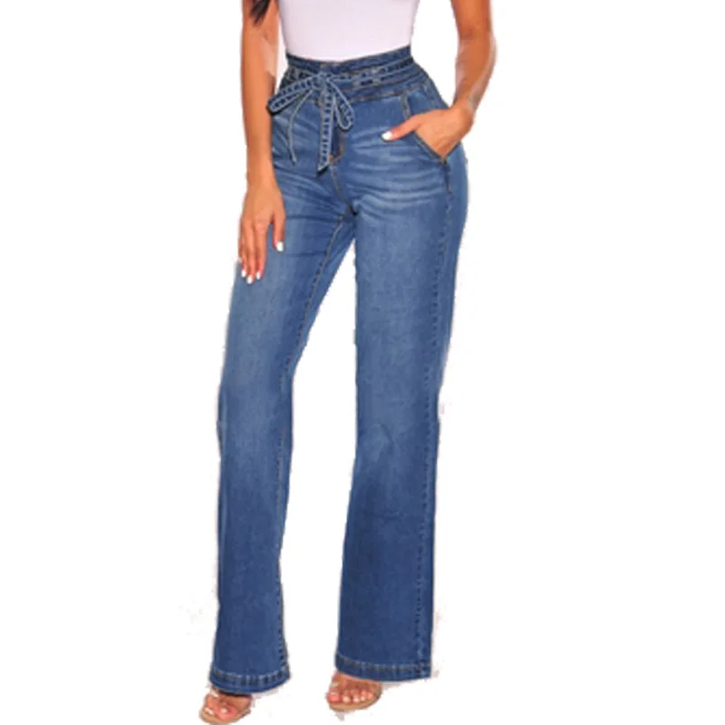 

Hight Waisted Jeans for Women Casual Wide Leg Tight Hip Sashes Denim Pants Spring Women Fashion Washed Straight Denim Trousers