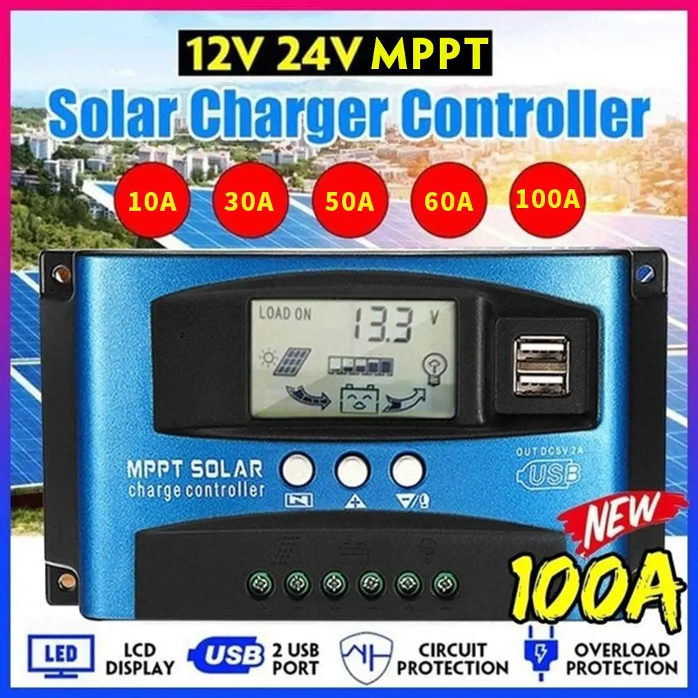 

MPPT Solar Charge Controller 100A 60A 50A 30A 10A ADual USB LCD Display 12V 24V Solar Cell Panel Charger Regulator with Load